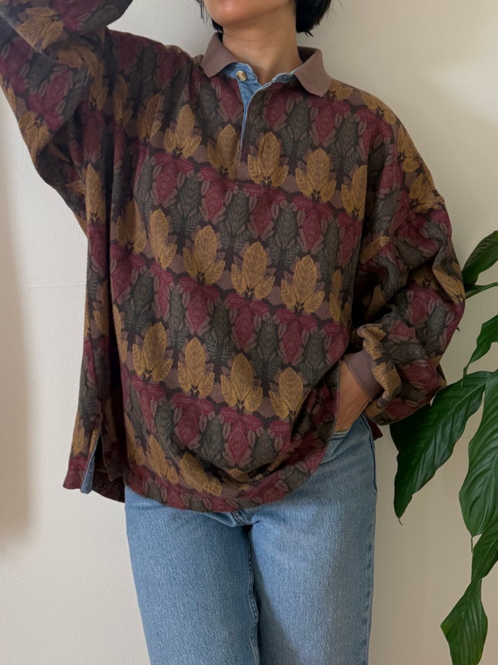 Vintage Rainforest 100% Cotton Leaf Printed Polo Rugby Brown Sweater Size Large